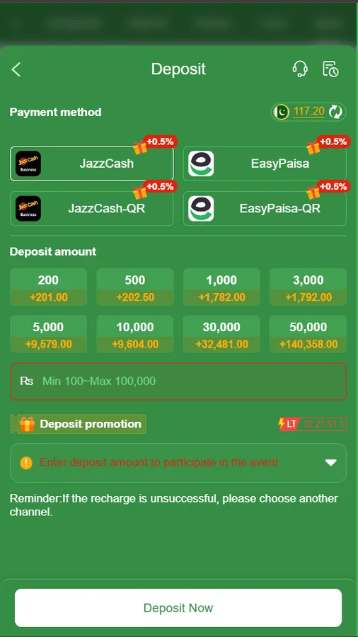 FD777 deposit screen showing JazzCash, JazzCash-QR, Easypaisa and Easypaisa-QR payment tiles, amount presets, and an input field marked Rs 100 to Rs 100,000