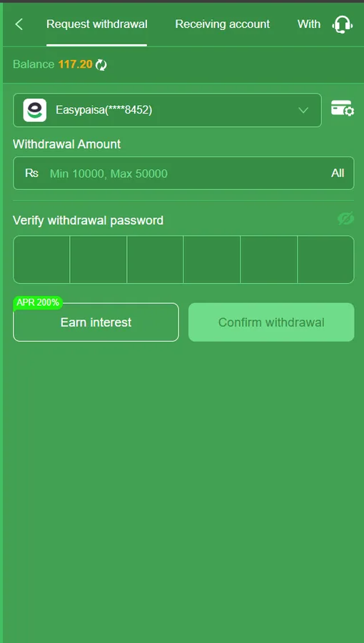 FD777 withdrawal request screen with Easypaisa selected, an amount field showing the Rs 10,000 to Rs 50,000 range, and a withdrawal password box